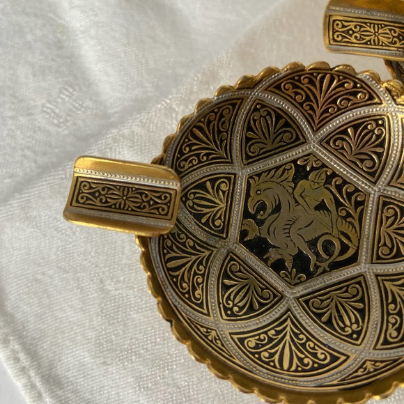 2 Vintage Ashtrays Ash Trays Dragon Warrior Samurai Gold Silver Black - Picture 7 of 9